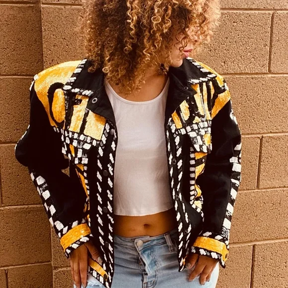90s Vintage sequin TAXI Jacket Off Duty statement jacket🚕💛🧥🚧 - Picture 13 of 13